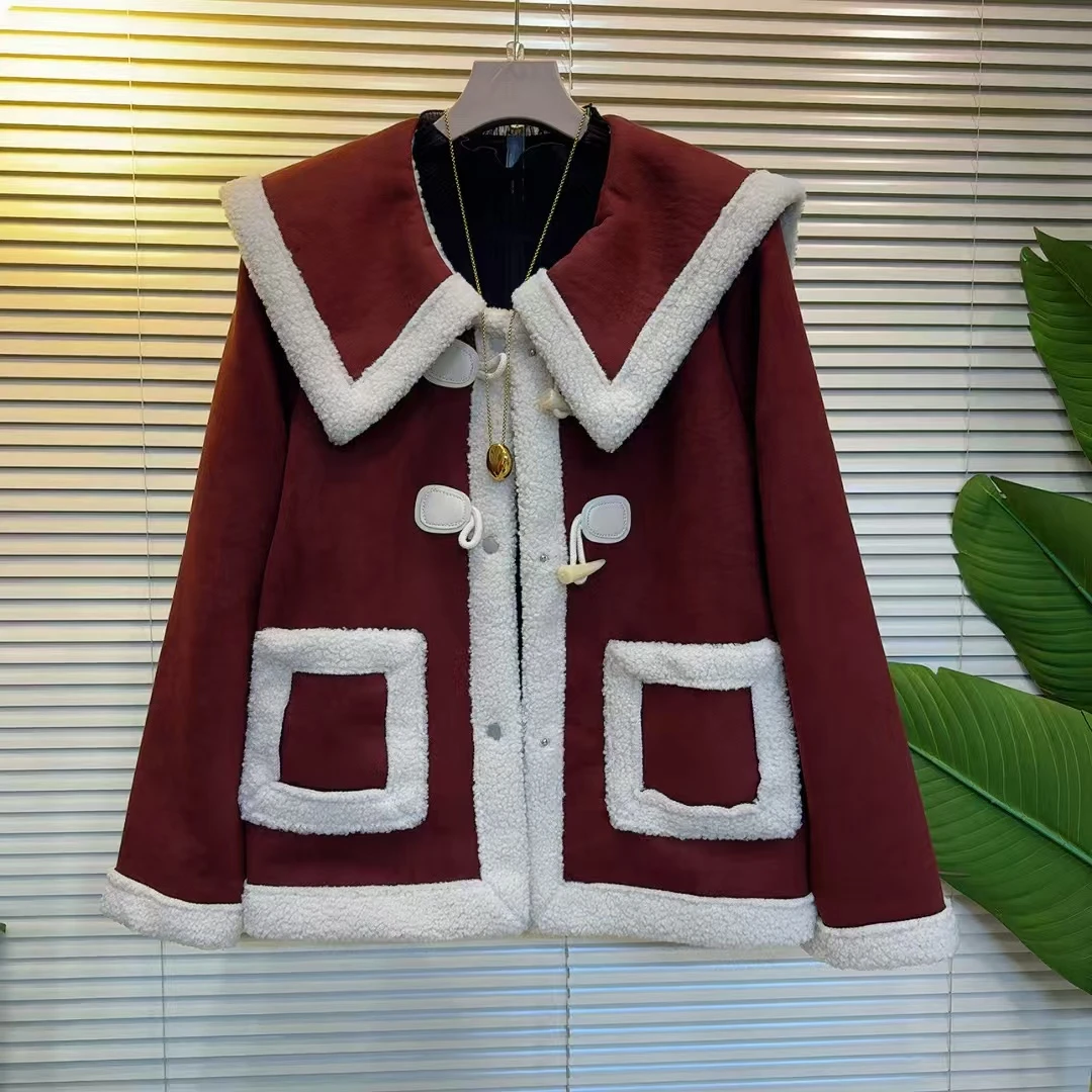 时尚翻领秋冬保暖长袖外套衣长67左右休闲百搭女士拼接气质外套