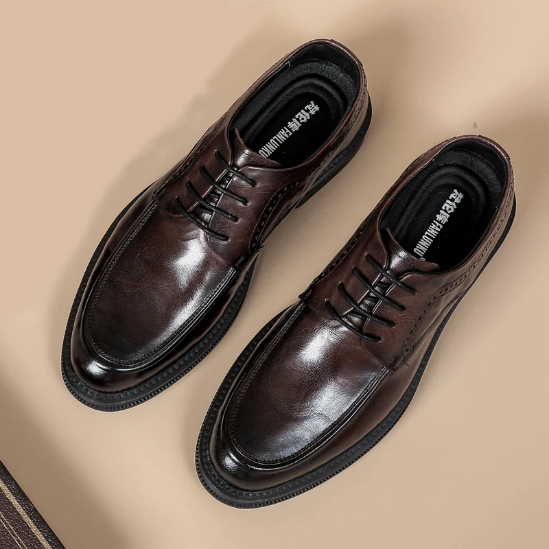 商务皮鞋男款头层牛皮手抓纹休闲男皮鞋时尚正装软底系带真皮男鞋