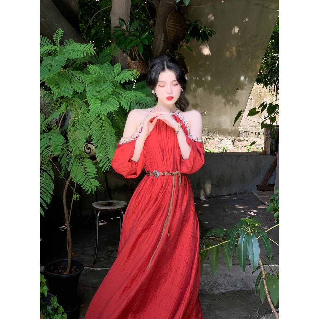 寄信《我的阿勒泰》手缝浅杏色连衣裙波西米亚度假沙滩风茶歇长裙