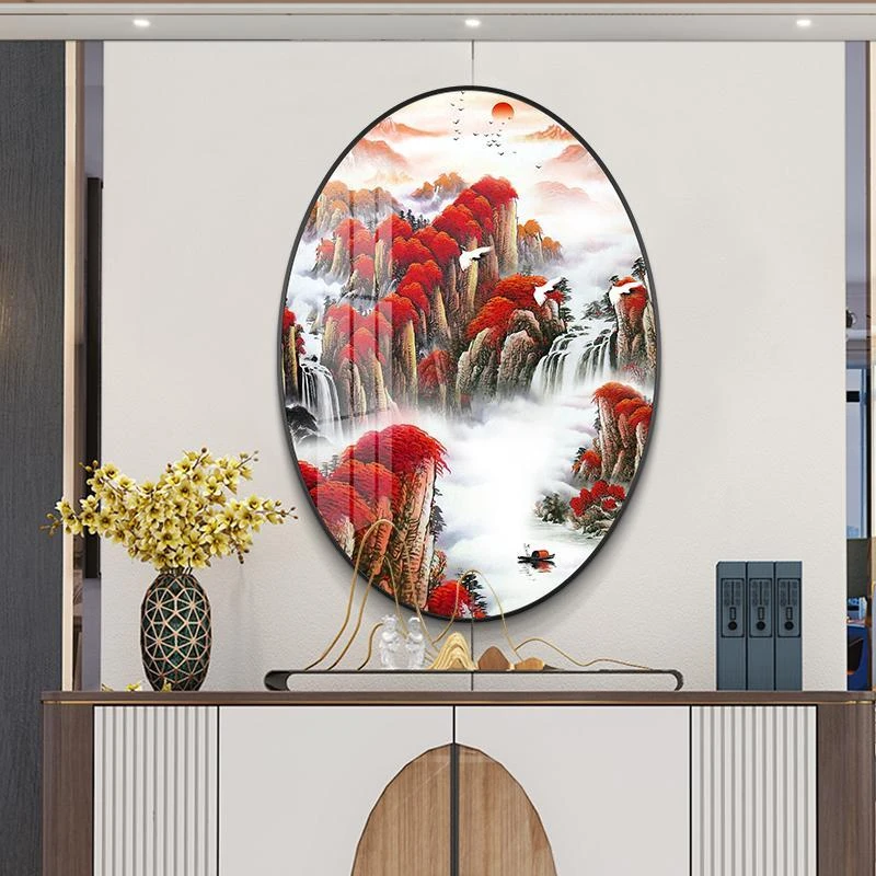 鸿运当头客厅装饰画新中式玄关椭圆形挂画卧室墙画餐厅书房壁画