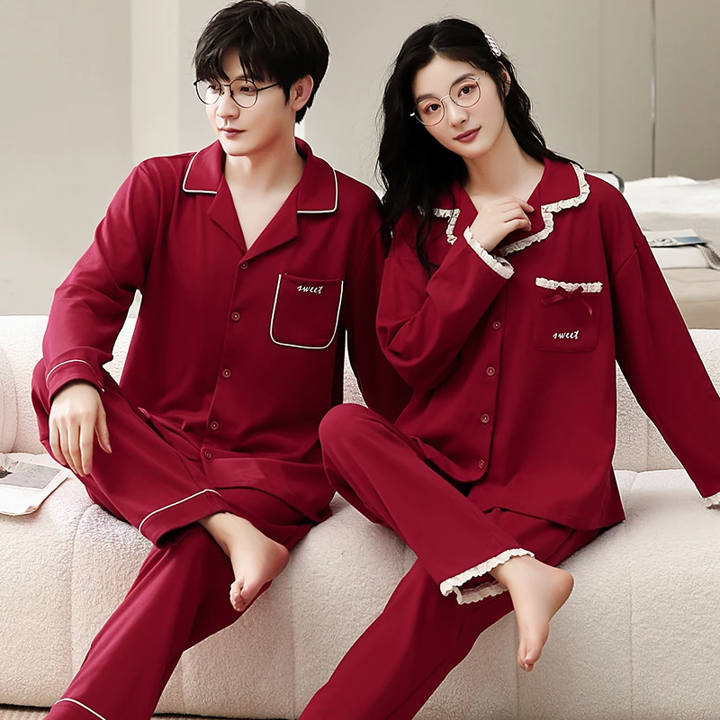 情侣睡衣女春秋季纯棉长袖结婚新婚红色本命年秋款男士家居服套装