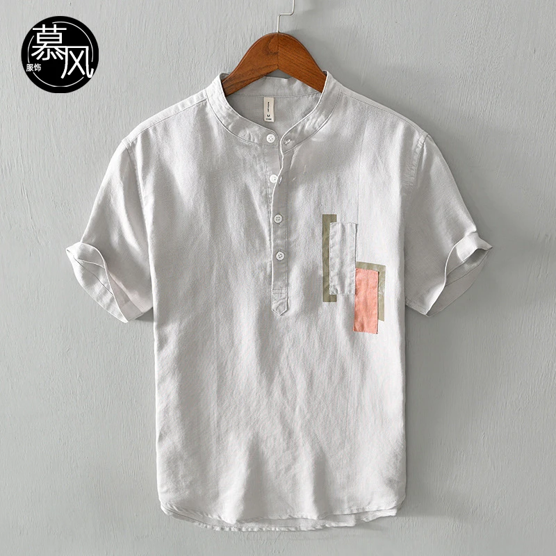 夏季中国风内外百搭亚麻衬衣男士休闲棉麻短袖T恤男青年立领寸衣
