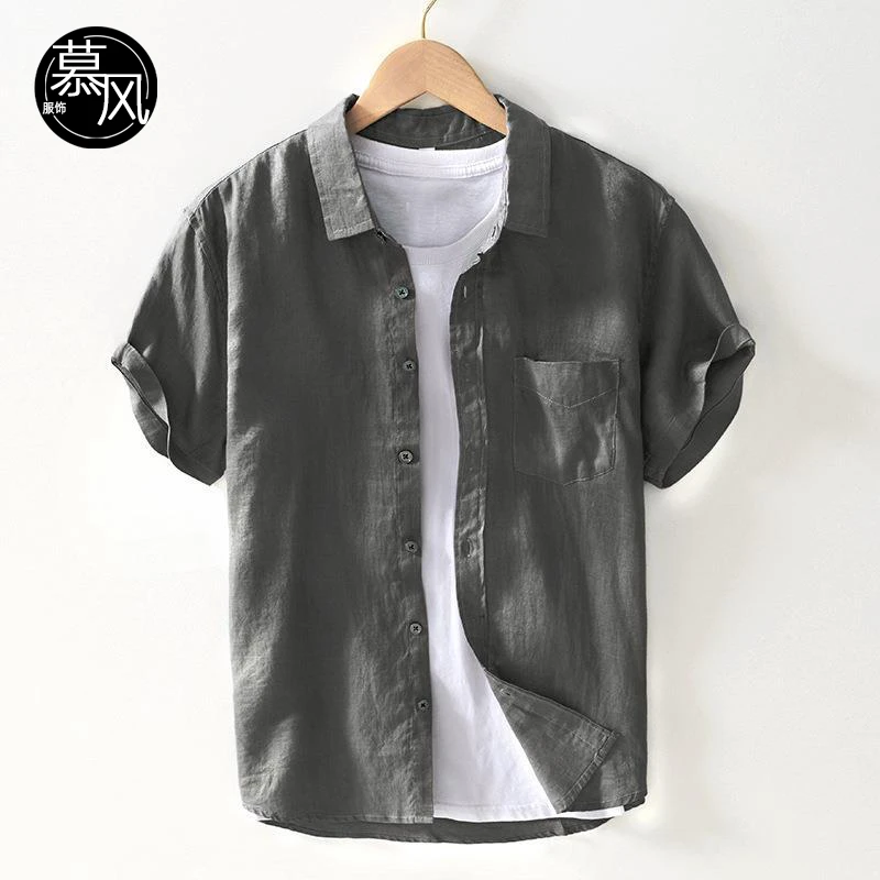 复古休闲男短袖亚麻衬衫春季宽松休闲上衣薄款方领纯色亚麻料衬衣