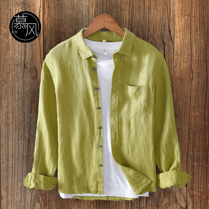 复古休闲男长袖亚麻衬衫春夏宽松休闲上衣薄款方领纯色棉麻料衬衣