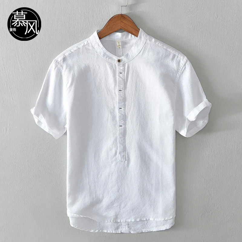 中国风夏季男士亚麻衬衫棉麻上衣短袖立领白色衬衣中式国风套头衫