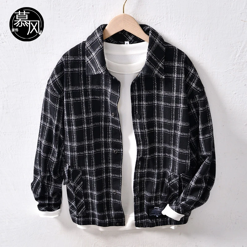 落肩新款格纹大码休闲夹克男士春季宽松文艺青年百搭上衣外套