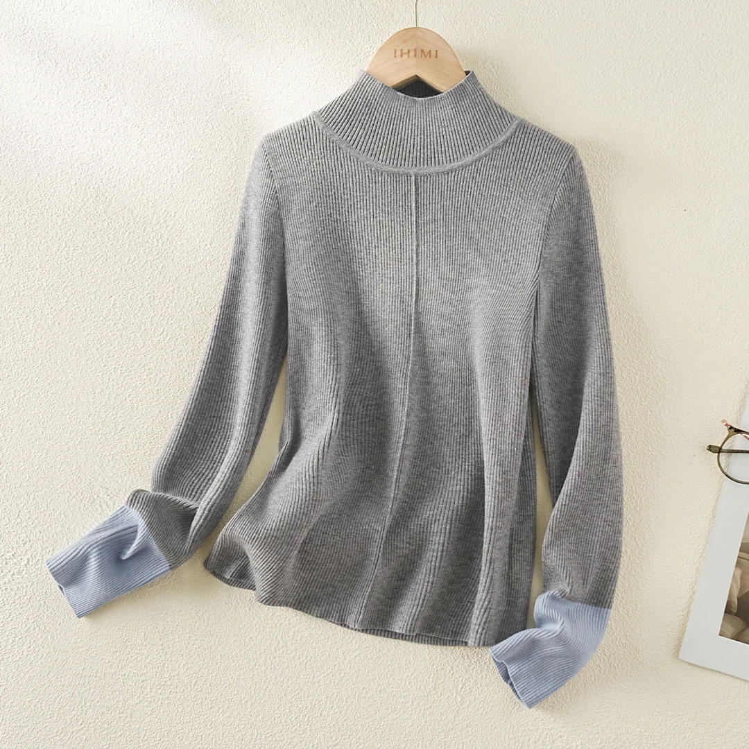IHIMI/海谧半高领保暖针织衫2024冬款灰蓝针织舒适显瘦打底衫女