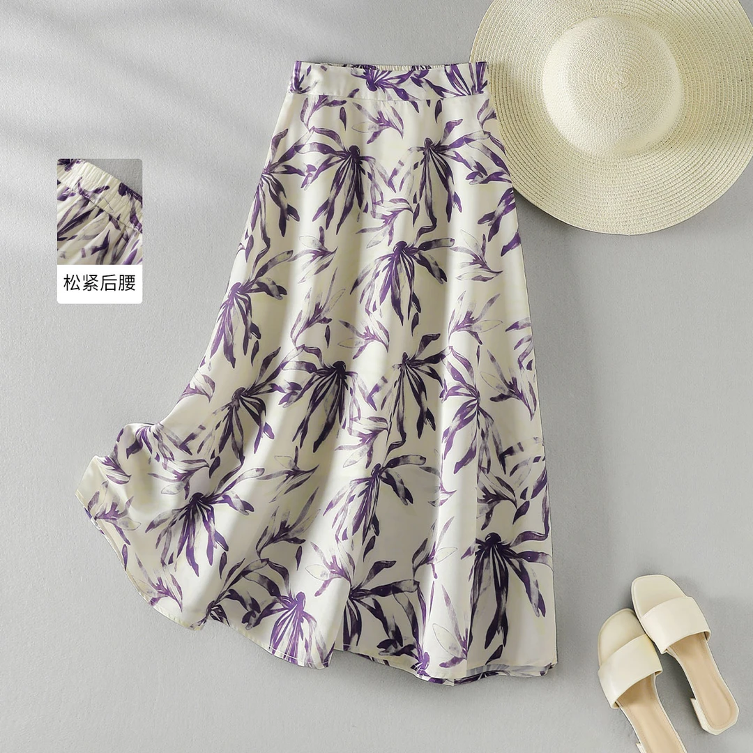 IHIMI/海谧【直播】摆半身长裙2024年夏季缎面飘逸度假感半身裙女