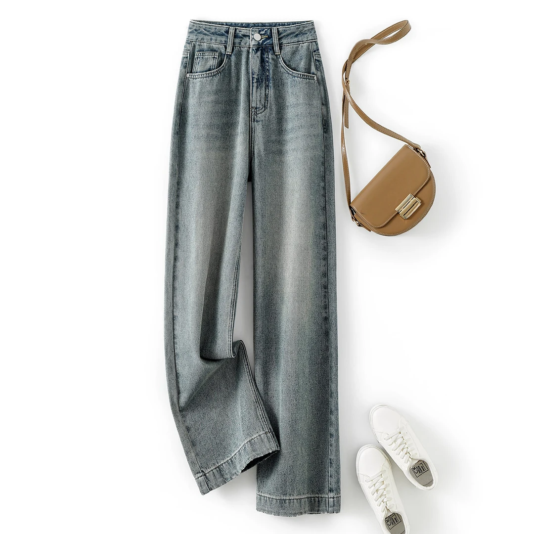 IHIMI/海谧2023冬高腰百搭女装直筒洗水复古磨毛牛仔裤抖音金卡