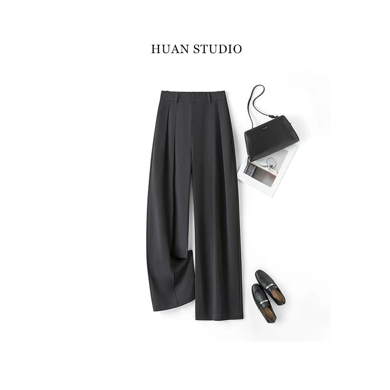 IHIMI【纸片人】休闲裤2025早春通勤压褶阔腿西装裤垂感直筒裤