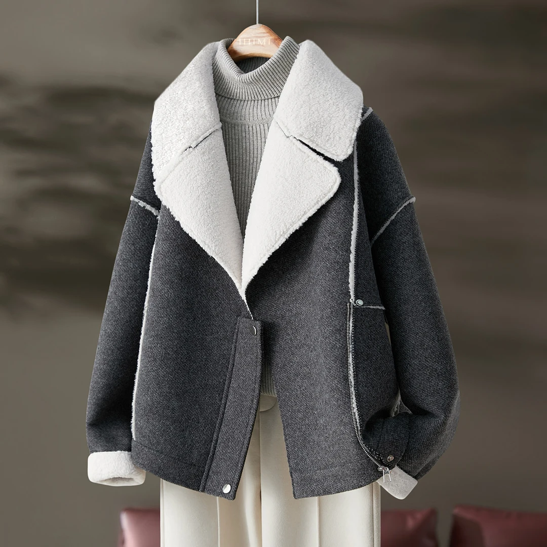 IHIMI/海谧2023冬保暖厚实毛绒感感夹克雪花灰毛绒里外套抖音金卡