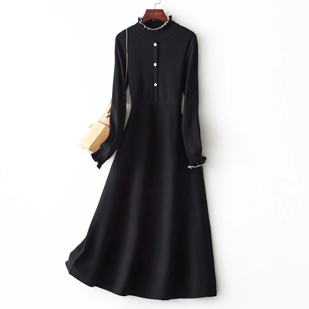 IHIMI/海谧【木耳边优雅小黑裙】2025年春季新品时尚通勤显瘦连衣裙