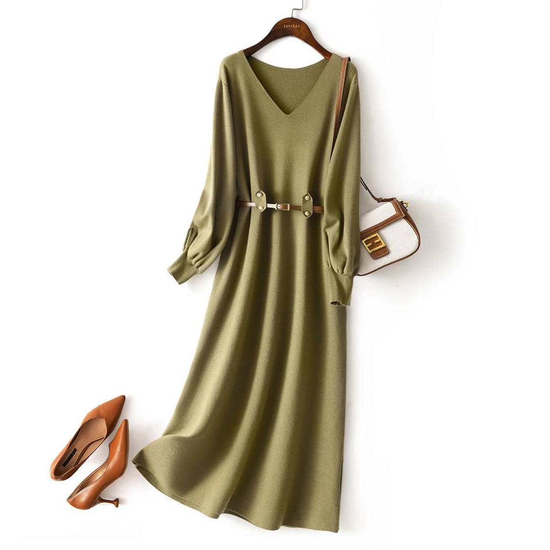 IHIMI/海谧连衣裙24秋装女款气质服装时尚长裙灯笼收腰腰带针织裙