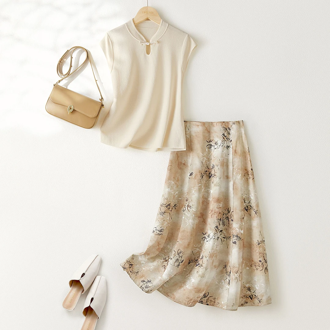 IHIMI/海谧【凝香】25夏国风国风洋气上衣+印花半裙气质套装
