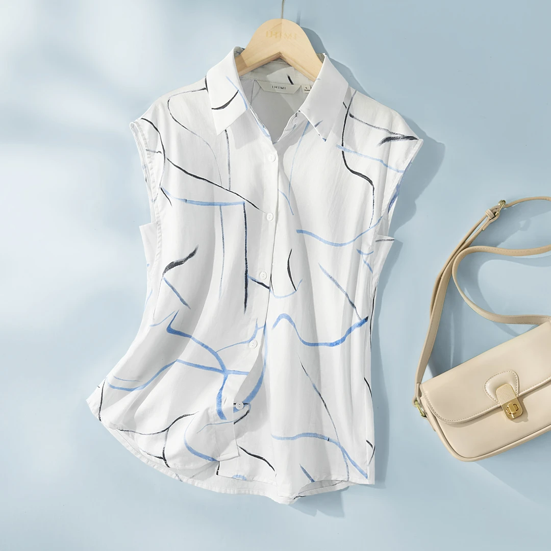 IHIMI/海谧趣味印花连肩衬衫2024年夏季新款纯棉衬衫职场通勤女装
