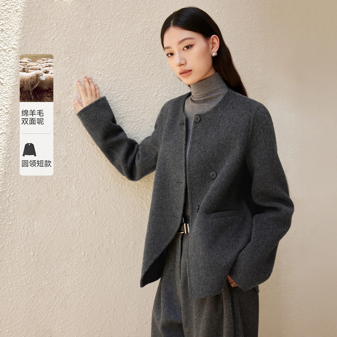 IHIMI/海谧短款设计毛呢外套女24冬款绵羊毛不规则门襟保暖大衣