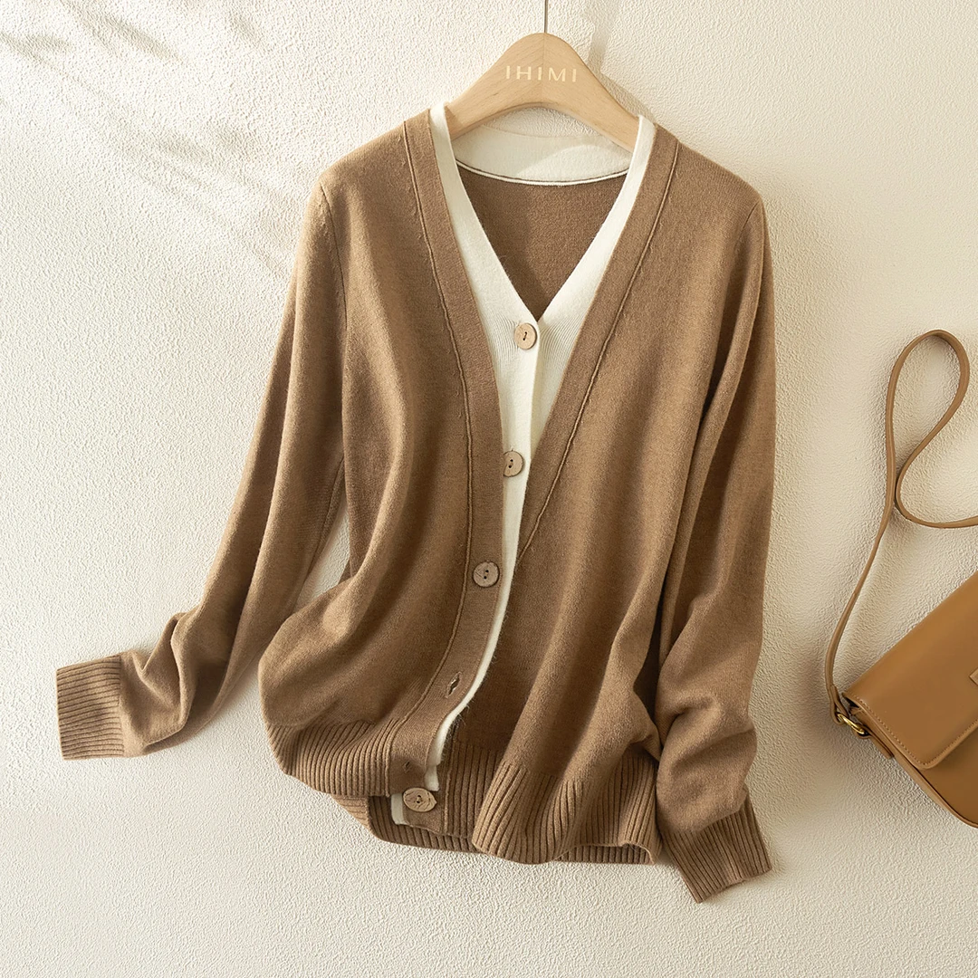 IHIMI/海谧海谧2023冬简约百搭温暖假两件休闲撞色针织杉气质7543