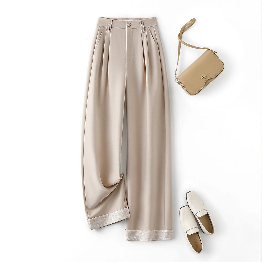 IHIMI/海谧【留砂】2024秋季新款垂感直筒裤翻折脚口拼接简约休闲裤