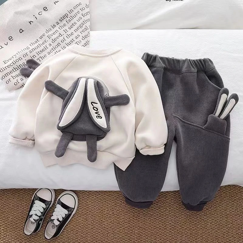 男宝宝秋冬装套装新款儿童洋气男童冬季加绒加厚韩版卫衣两件套潮