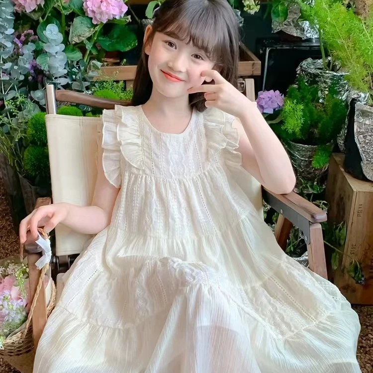 荷叶边洋气女童甜美背心白色韩版中大童夏季无袖连衣裙儿童照片