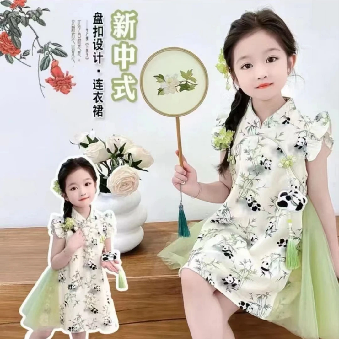 011款女童3-6岁时尚盘扣熊猫旗袍国风新中式裙儿童