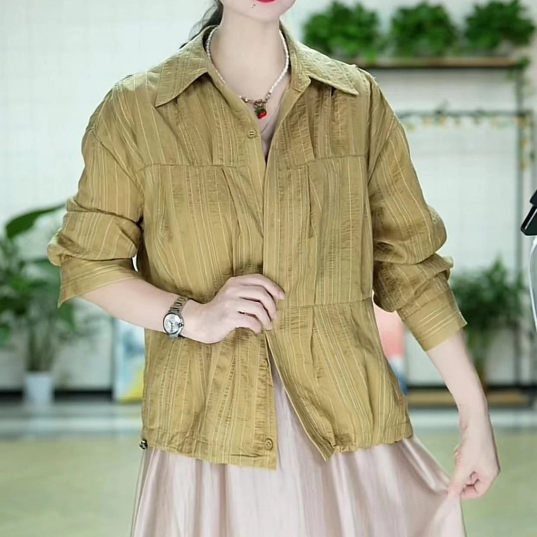 S907 长袖新款洋气高档条纹时尚显瘦气质百搭宽松翻领休闲上衣