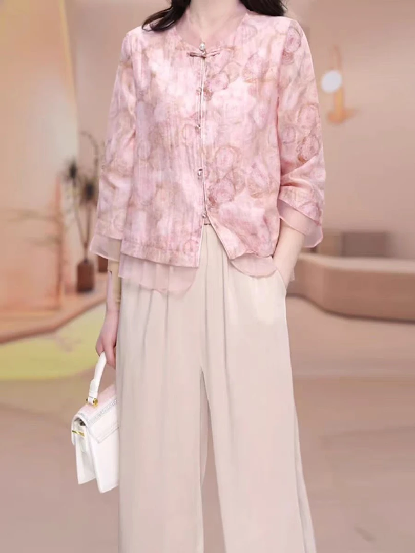 T353 时尚套装显瘦气质网红洋气休闲秋季减龄网纱盘扣长袖两件套