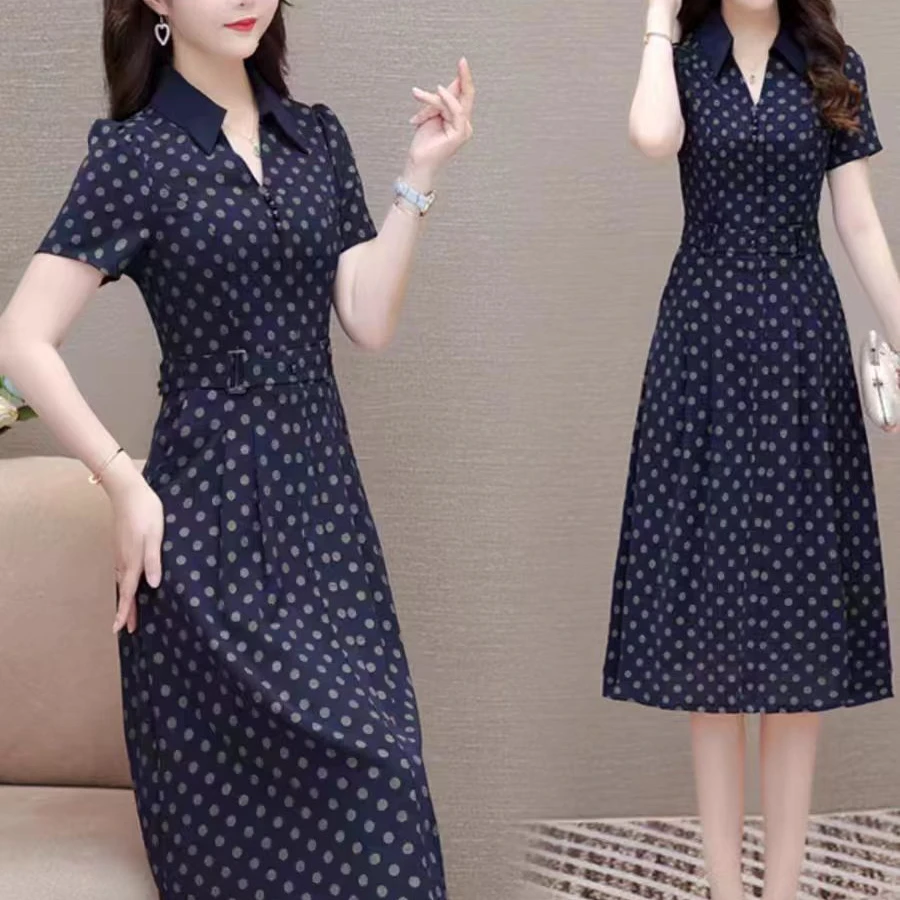 X130 气质连衣裙女显瘦收腰减龄遮肉修身遮肚洋气休闲波点短袖裙