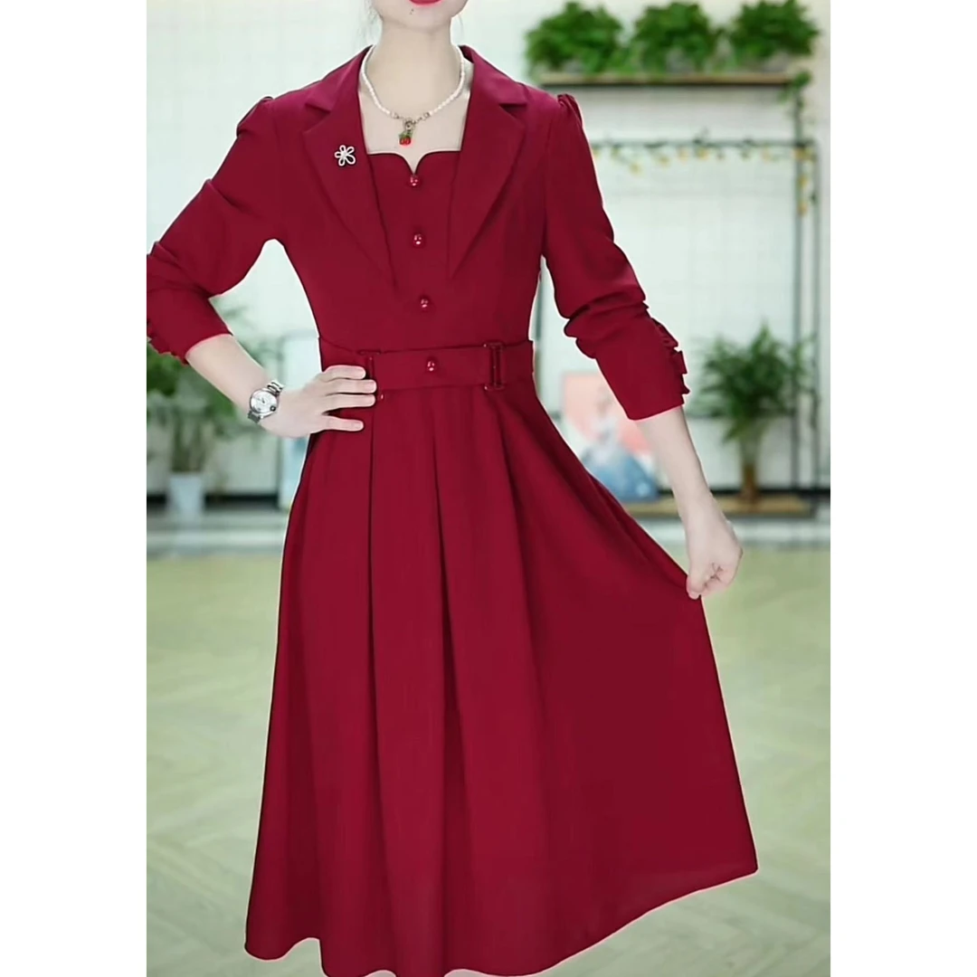 CF286女装连衣裙气质长袖洋气时尚红色收腰中长款轻奢修身遮肚
