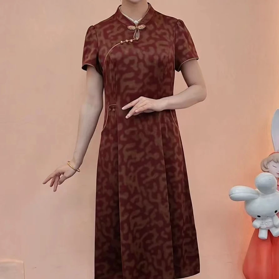 M015气质连衣裙女夏显瘦收腰时尚减龄遮肉国风旗袍复古连衣裙