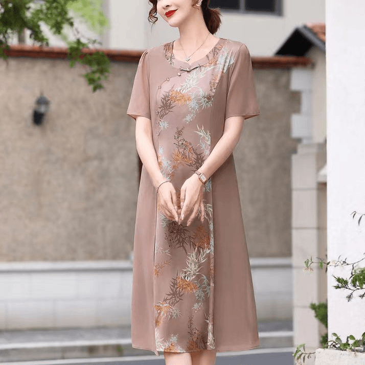 X705 夏季气质连衣裙女显瘦收腰时尚减龄遮肉修身假两件国风A字裙