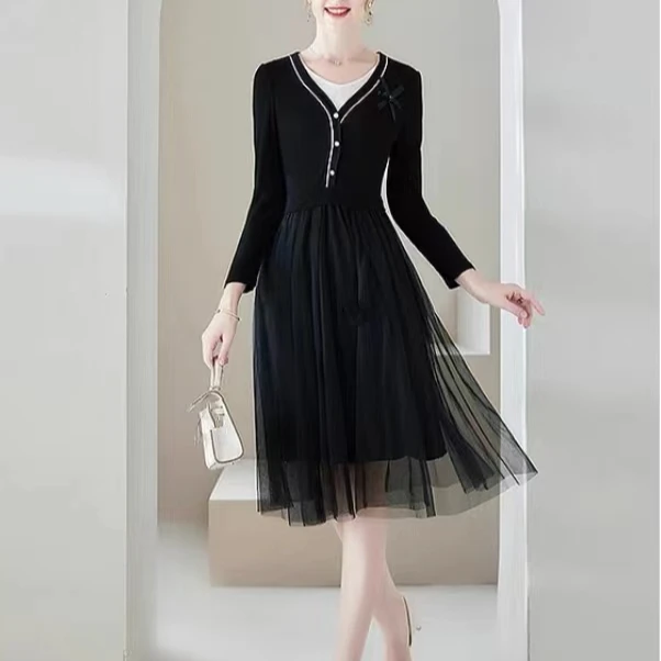 X0066气质连衣裙女显瘦收腰时尚减龄遮肉休闲网纱拼接长袖A字裙子