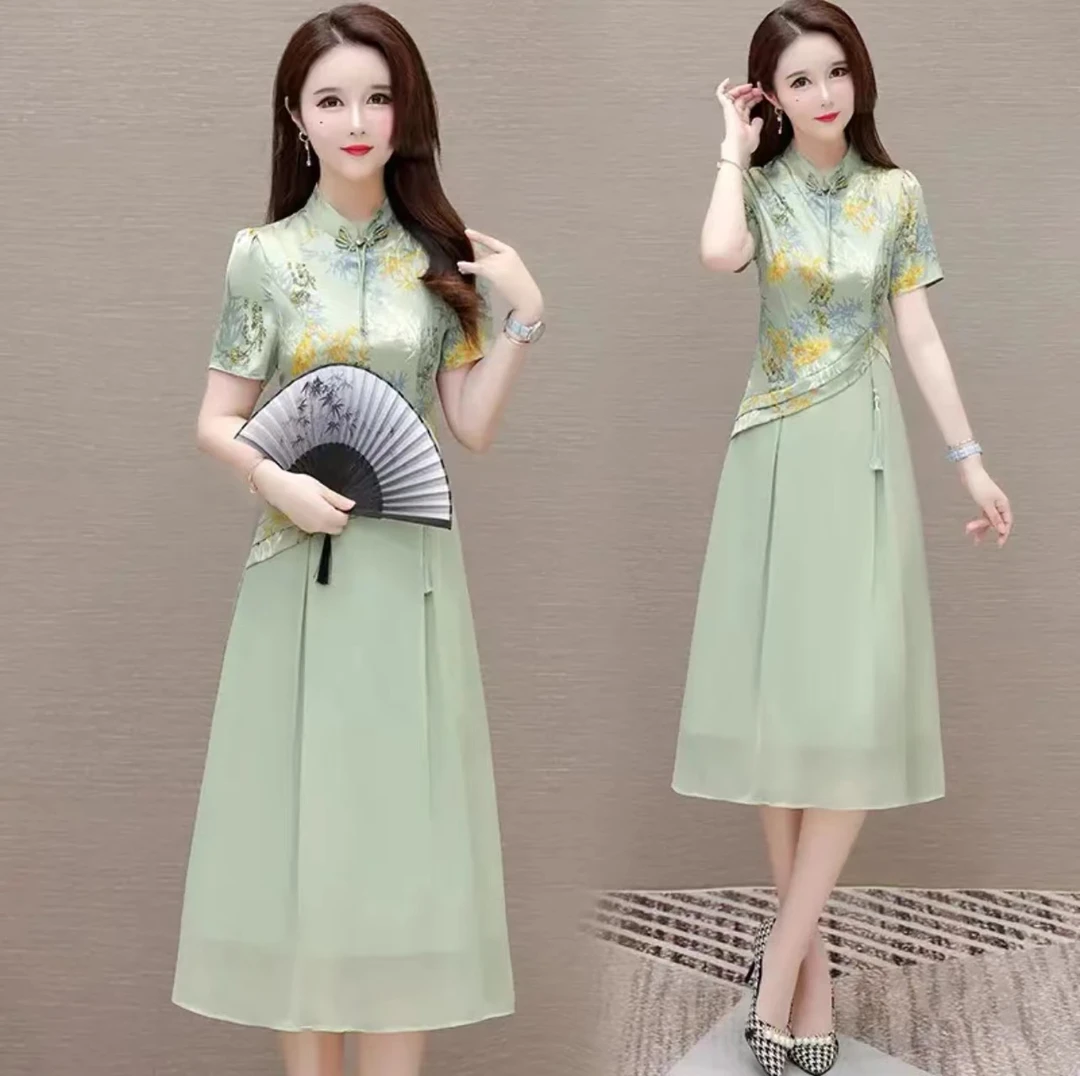 CF233女装连衣裙气质时尚夏季复古中式修身中国风优雅日常