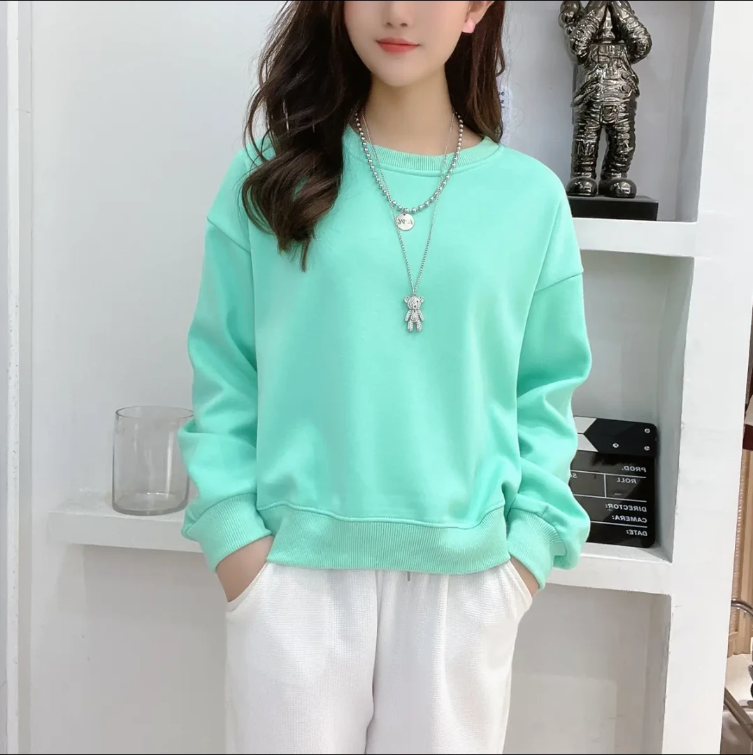 加绒加厚女休闲纯色多巴胺百搭宽松短款卫衣减龄秋冬圆领