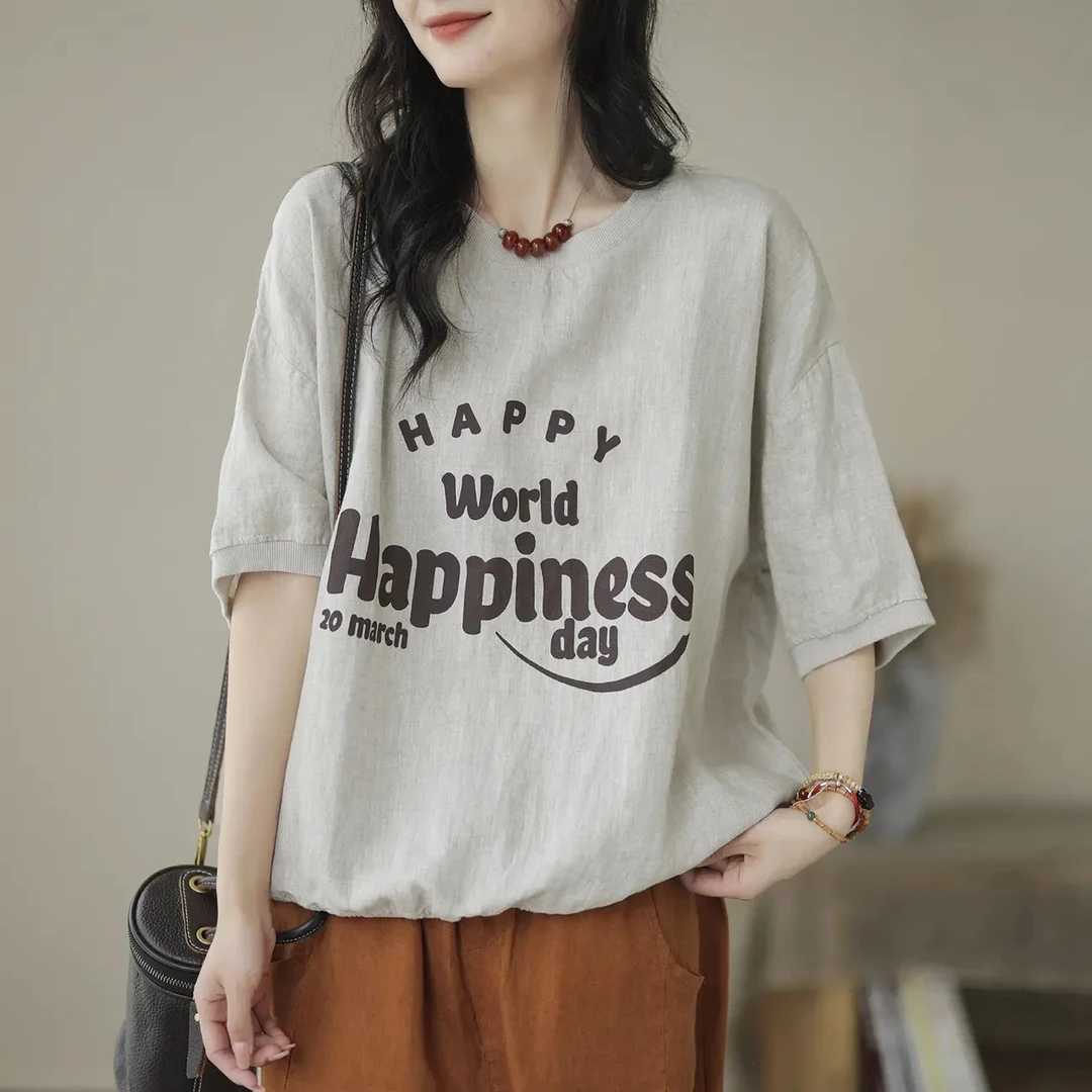 文艺休闲亚麻棉女上衣宽松复古大码洋气时尚遮肚子女装短袖T恤女t