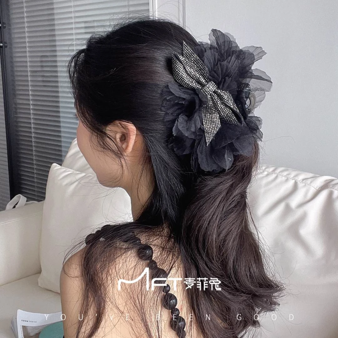 【蝴蝶芭蕾抓夹】黑色头饰洋气多层网纱花瓣结鲨鱼夹后脑勺饱满发饰