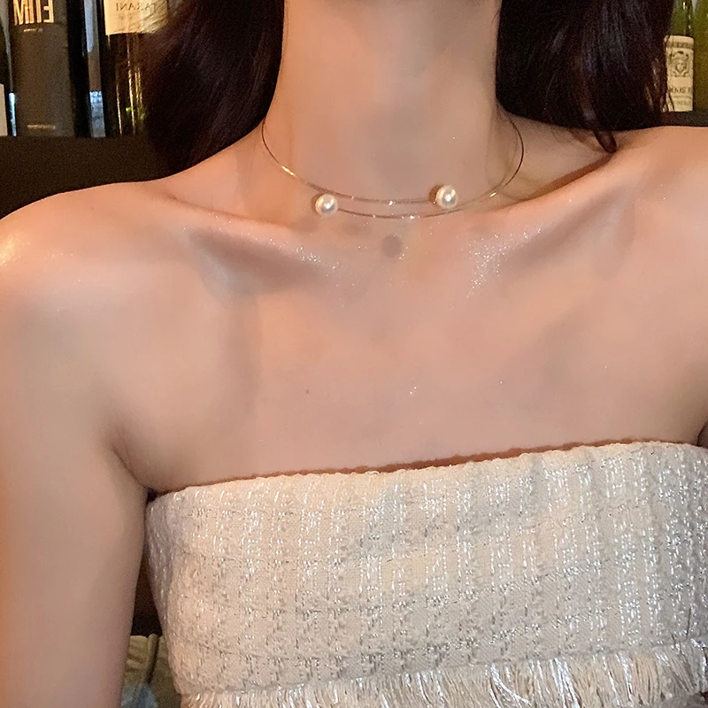 合金仿珍珠项链 小白珠项圈高级感锁骨链choker颈链开口项链颈带