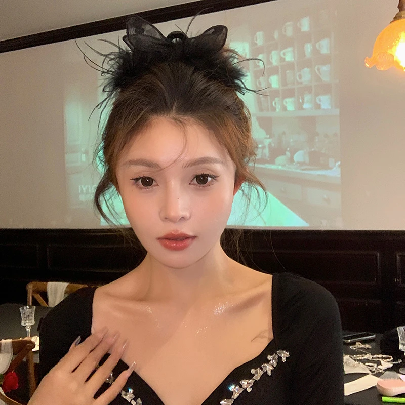 显发量！黑色兔耳朵羽毛抓夹女超仙气质百搭后脑勺发夹鲨鱼夹头饰