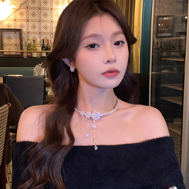 铜项链 高级感满钻choker锆石花朵流苏项圈耳环颈链锁骨链