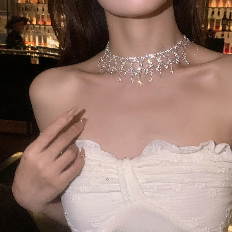 铜合金项链 轻奢满钻网格水滴项链高级感气质夸张choker