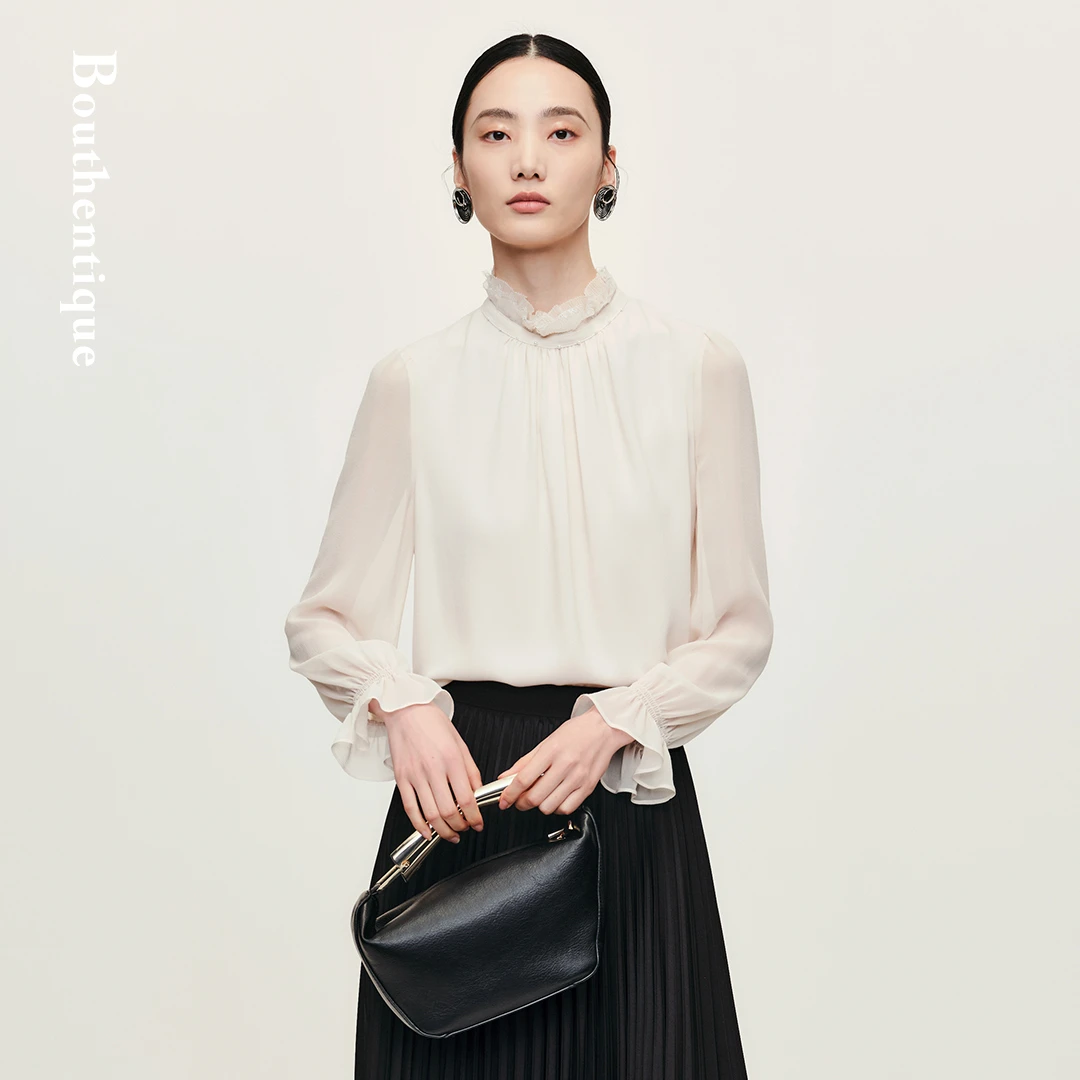 Bouthentique 蕾丝常规立领千金风雪纺衫蕾丝衫女士白224211F1A09