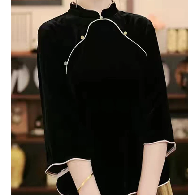 新中式上衣国风盘扣丝绒衬衫女2024秋季新款复古宽松显瘦气质小衫