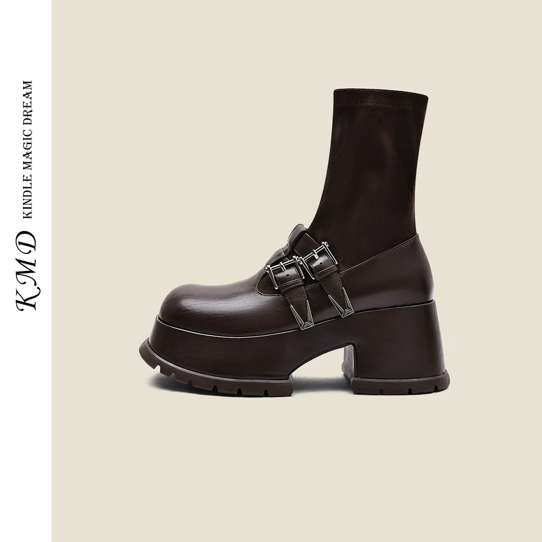 KMDSHOES秋冬复古玛丽珍短靴百搭高跟瘦瘦靴真皮女厚底增高弹力靴