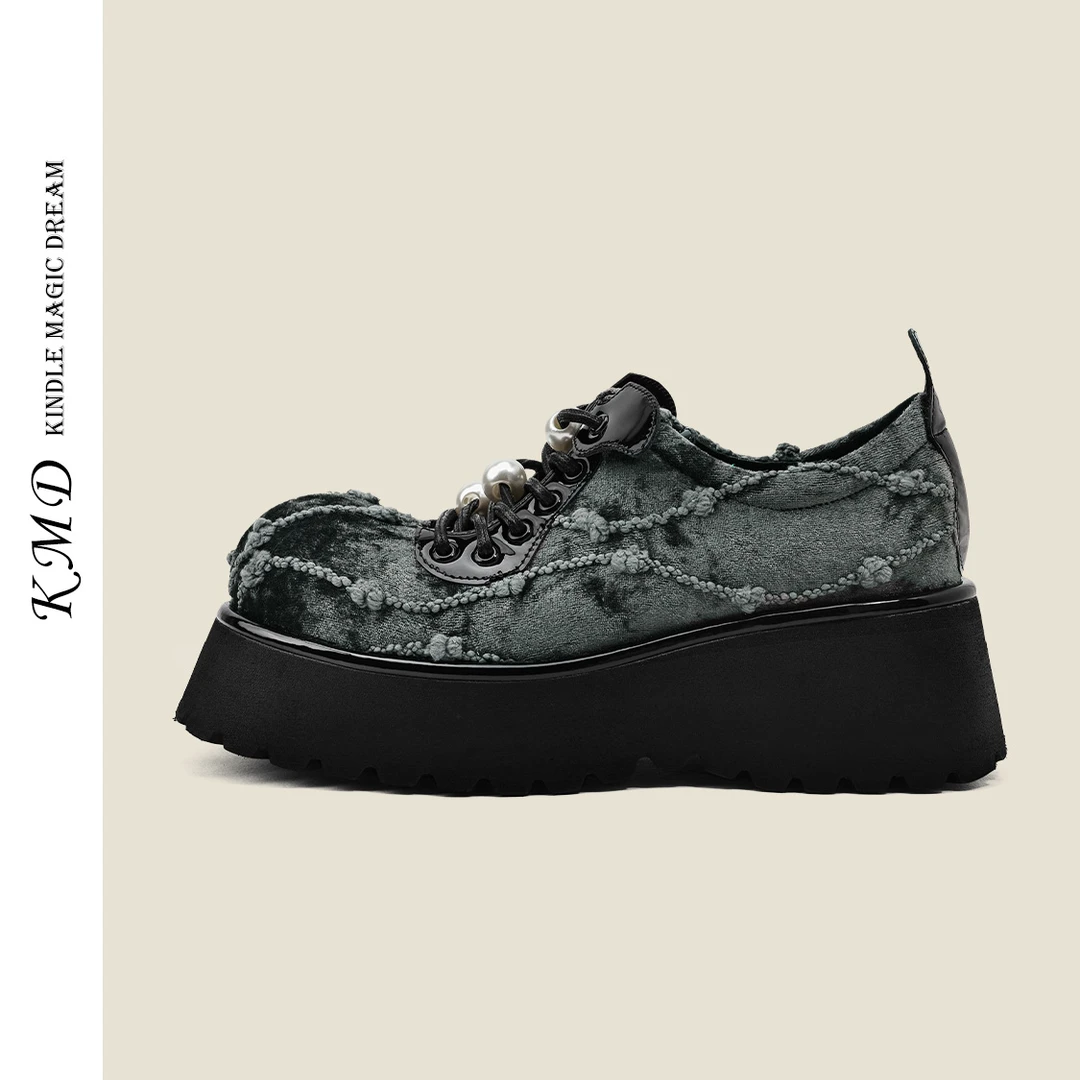 KMD 2024DB秋季新款小众休闲厚底女鞋小个子增高松糕鞋百搭面包鞋