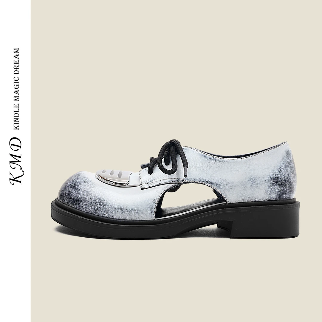 KMDSHOES2024秋季新款复古擦色小皮鞋女真皮粗跟中空单鞋英伦风