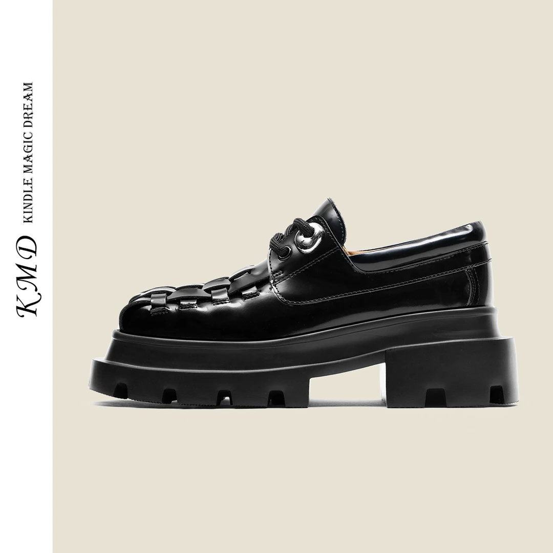 KMDSHOES秋季新款真皮粗跟小皮鞋潮酷中性风单鞋时尚编织女鞋休闲