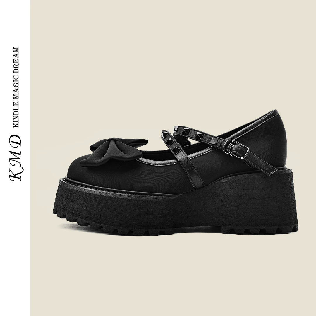 KMD 2025秋季新款黑色厚底玛丽珍鞋女甜美蝴蝶结增高女鞋法式单鞋