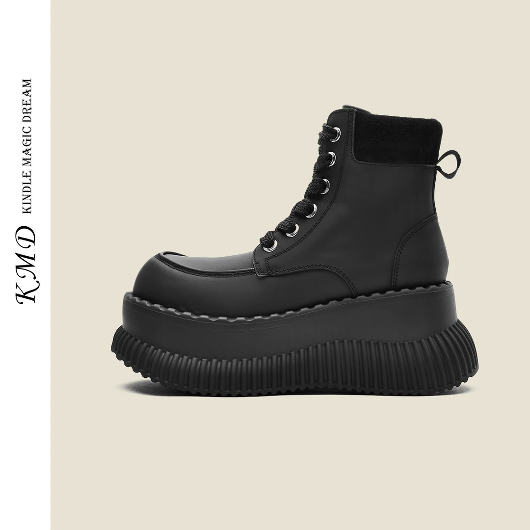 KMDSHOES 新款上市 时尚真皮圆头松糕底短靴百搭小个子增高马丁靴