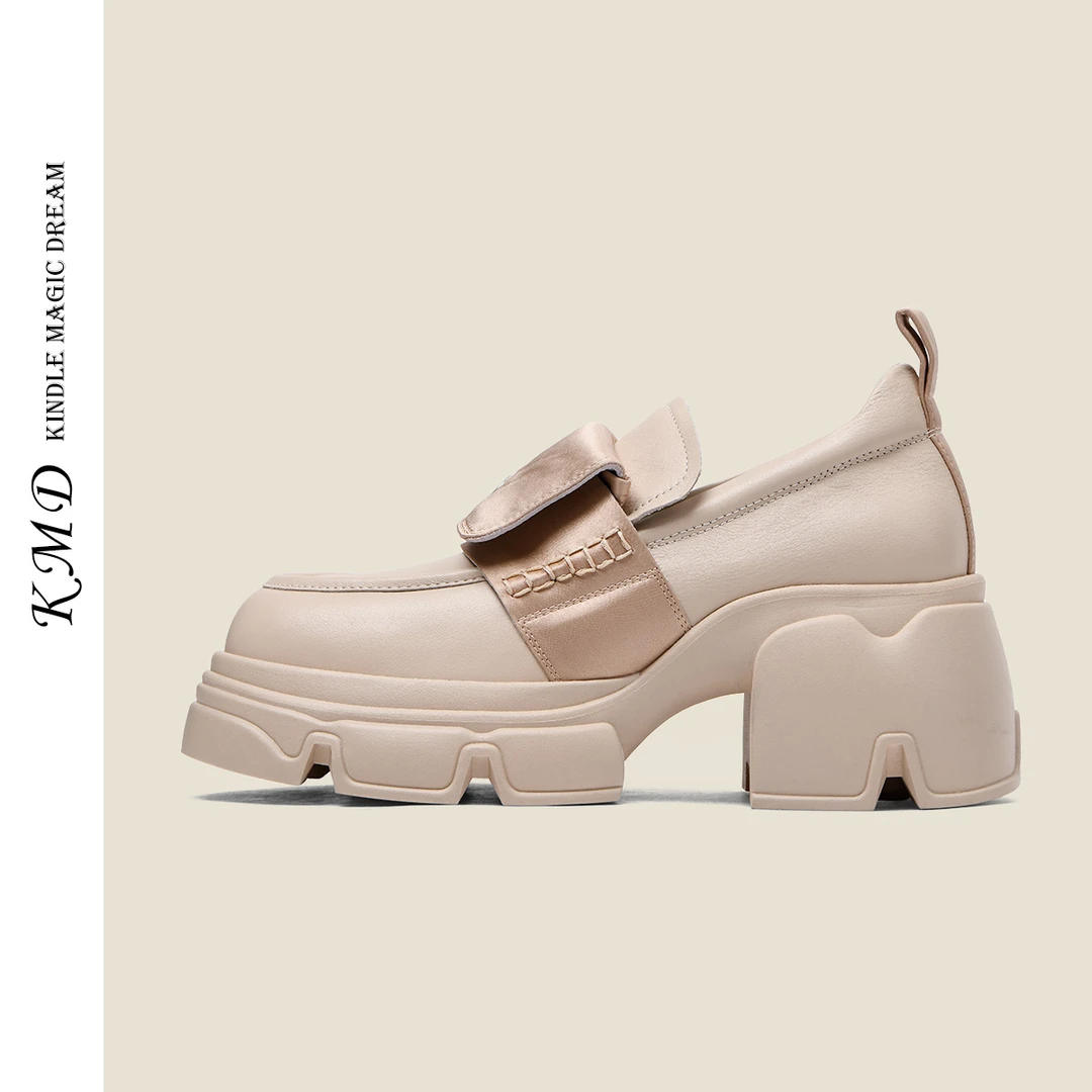 KMDSHOES新款真皮粗跟单鞋松糕鞋女小个子厚底休闲增高乐福鞋女款