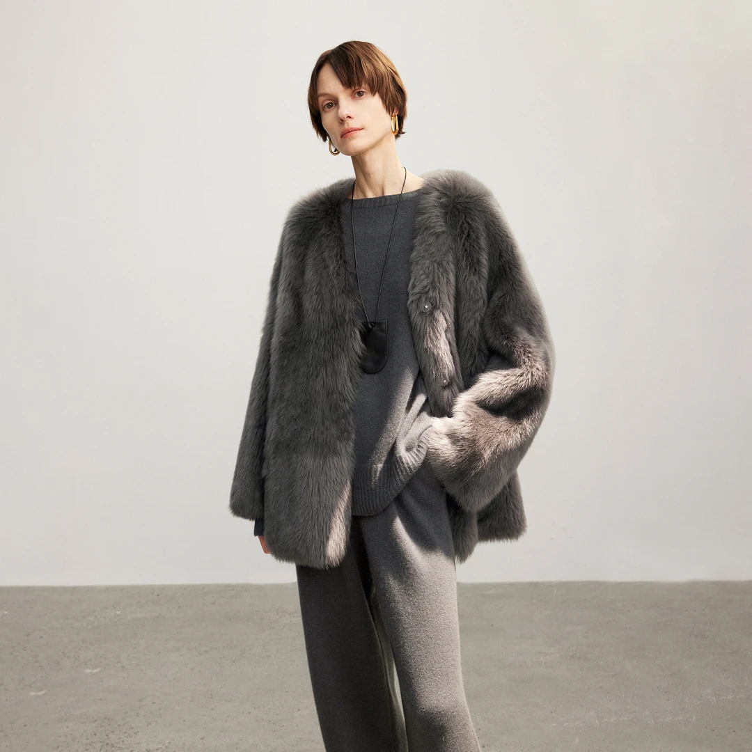 MSBEAST丨理想弦歌进口托斯卡纳v领皮毛一体外套女廓形羊羔毛皮草